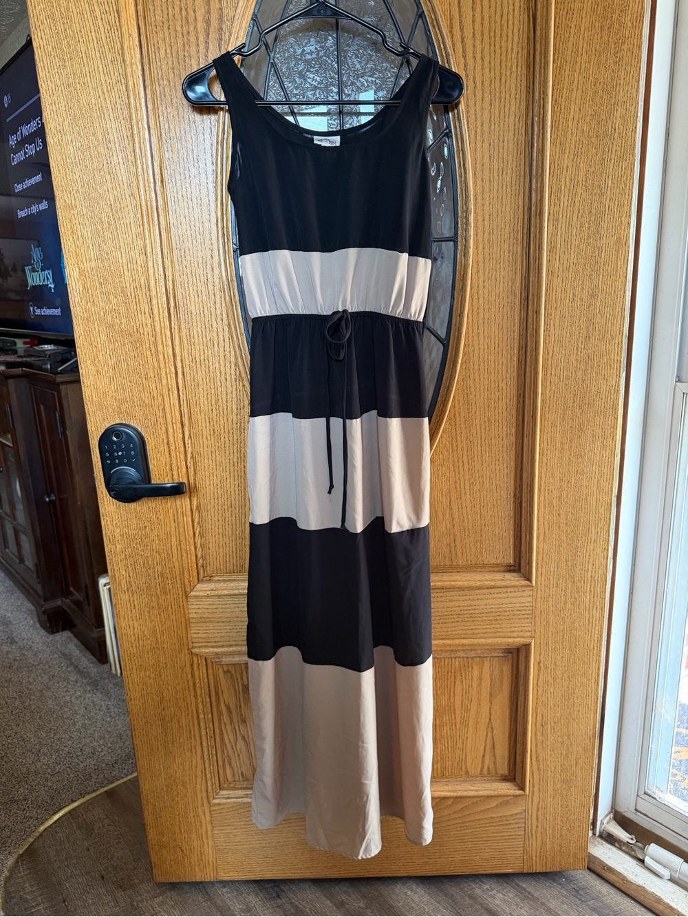 Sleeveless Black and Beige Striped Maxi Dress